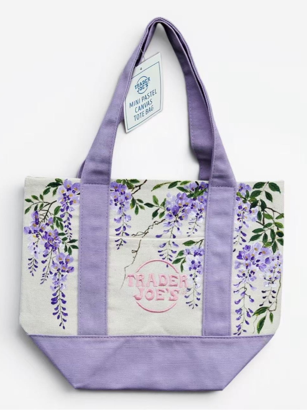 Hand Painted Wisteria Trader Joe’s Mini Pastel Canvas Tote Bag Purple Floral